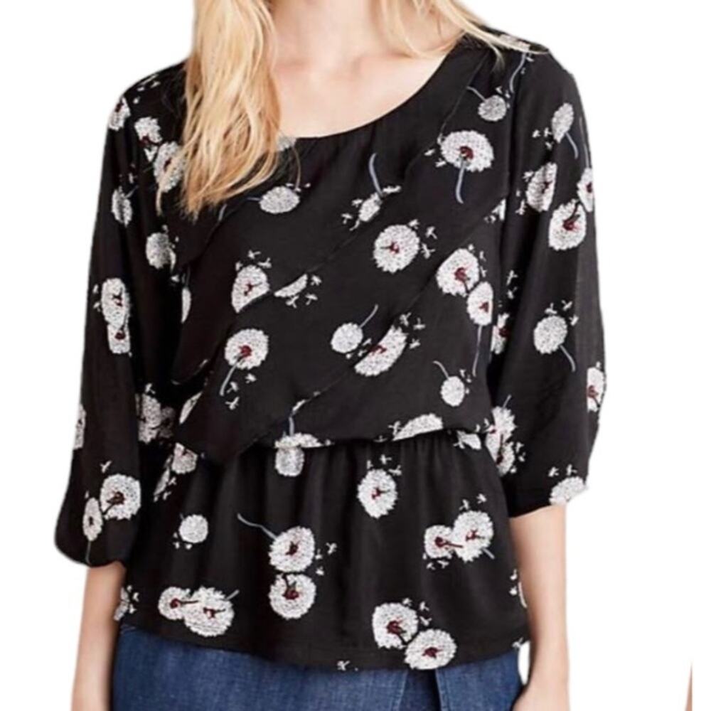 Anthropologie Deletta Black Multicolor Wished Bloom Split Sleeve Blouse, Size M